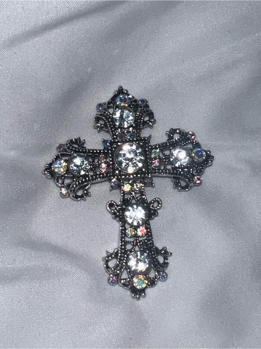 Crystal Cross Brooch with Multicolor iridescent and silver Rhinestones